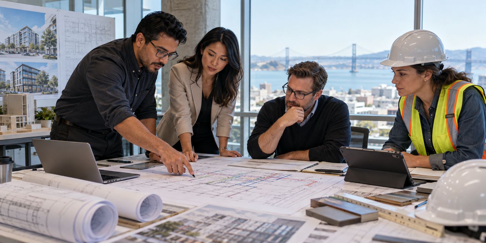 Engineers and a project team reviewing marked-up construction drawings together in an office